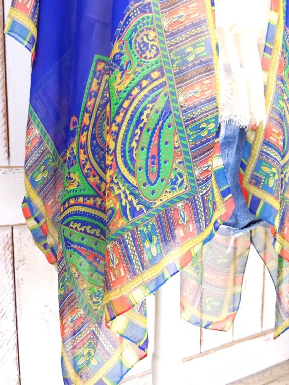 Blue/orange/green tribal bohemian print sheer silk kimono