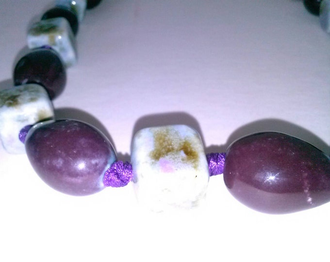 Marble Stone Multi Color Purple Ribbon Necklace.