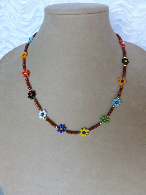 Rainbow Beaded Flower Seed Bead Necklace by graybeardsfinds