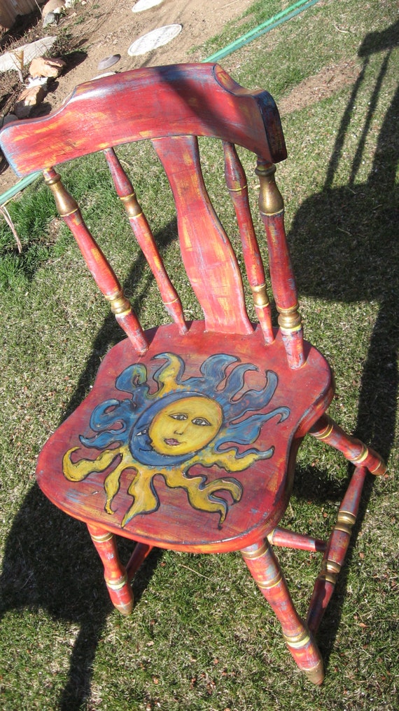 Sun and moon hand painted vintage chair