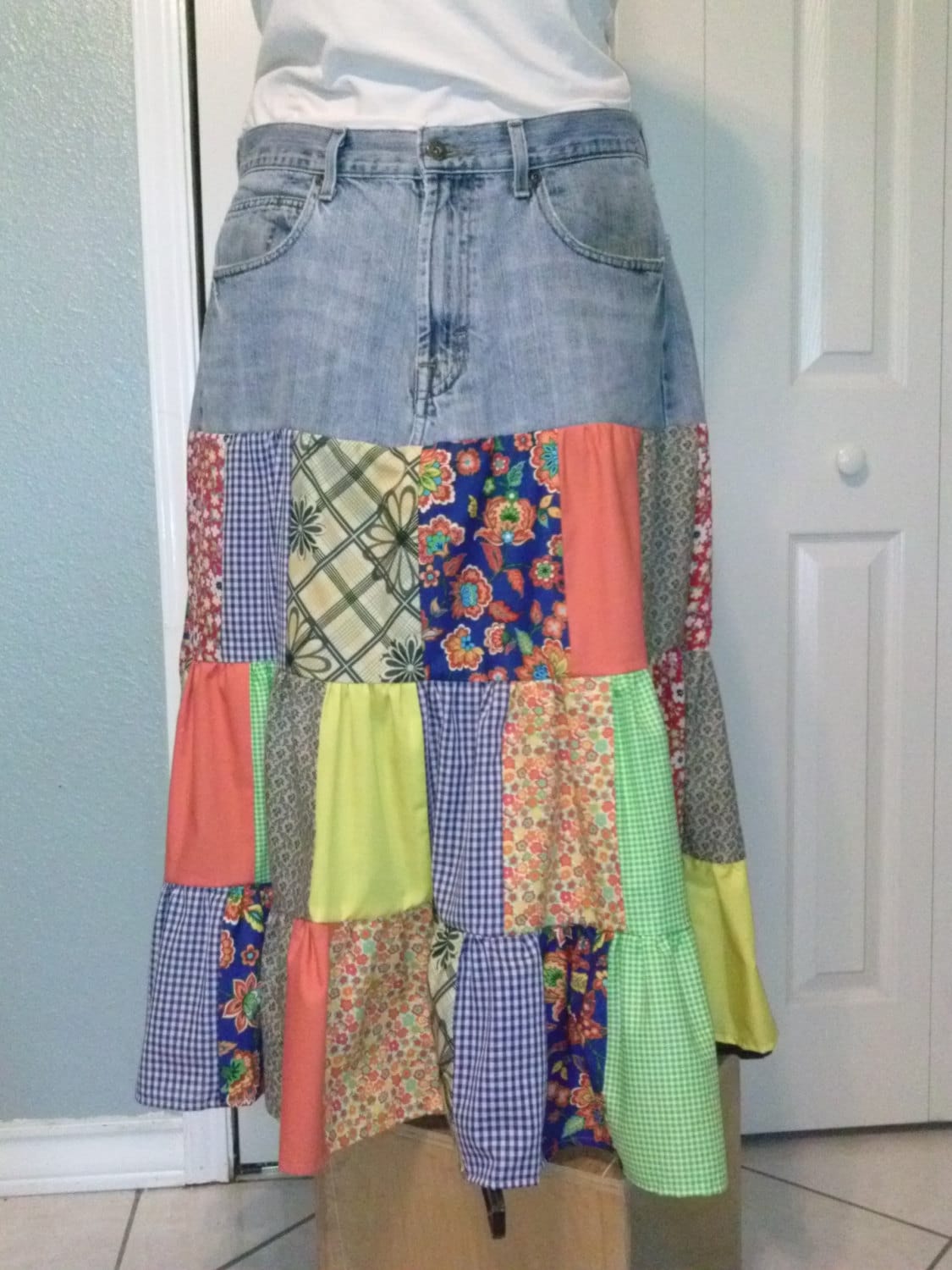 Upcycled denim patchwork skirt boho skirt country skirt