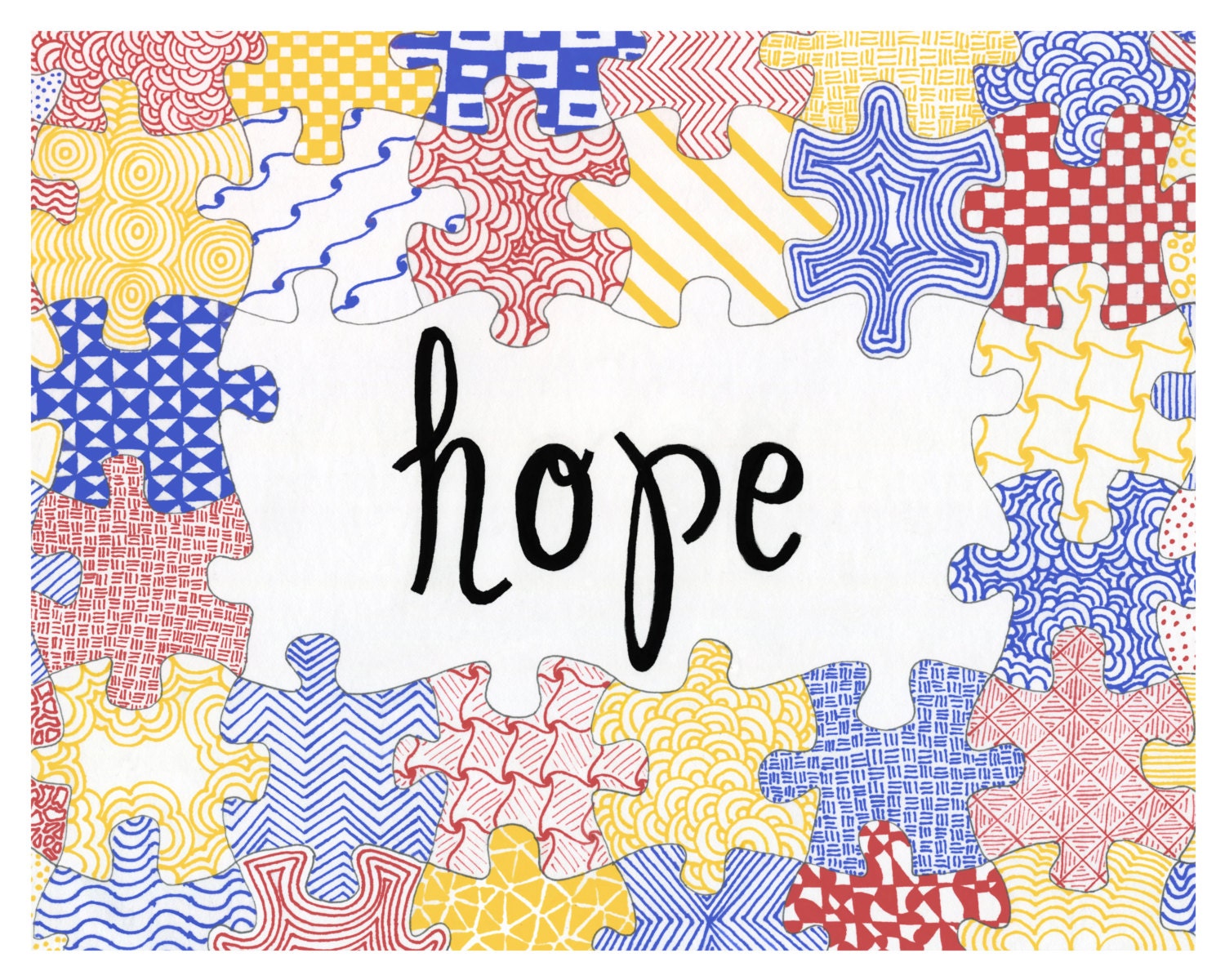 Autism Awareness Puzzle Pieces Hope Drawing by JordynAlisonDesigns