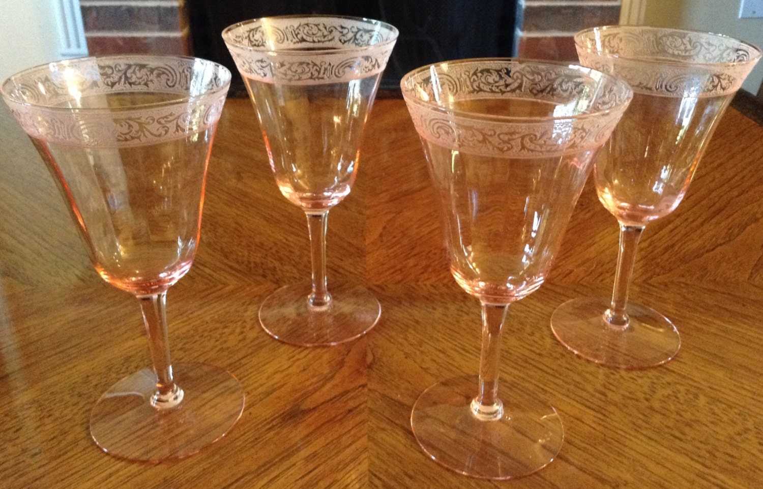 Antique Pink Crystal 7 Wine Glasses w Acid Etched Rim