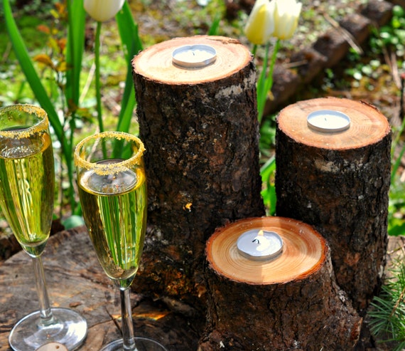 3 RUSTIC WOOD candle holders 9.5",7",4.5" tall - WEDDING candles - Rustic Decoration - Rustic Wedding Decoration -Wedding Centerpiece