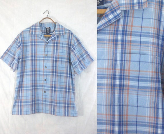 mens blue and orange plaid shirt