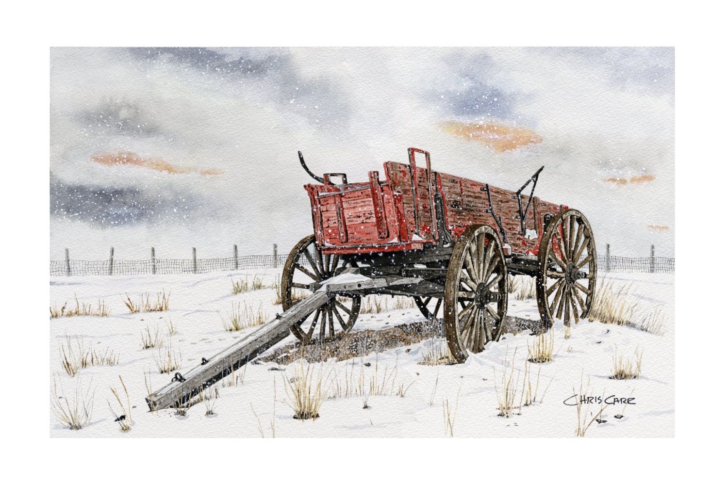 Wagon Pasture Winter Landscape Art Print Watercolor