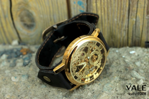 Women watches, black color, mens watch, ladies watch, watch, designer watch, wrap watch, leather watch, golden watch, steampunk watch, black by ValeriaLEATHER steampunk buy now online