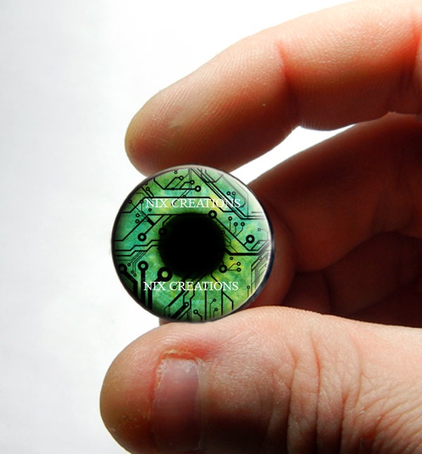 Fantasy Glass Eyes - 20mm - Green Circuit Board Human Doll Taxidermy Eyes Handmade Glass Cabochons for Steampunk Jewelry and Pendant Making