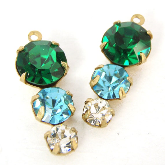 emerald green, aqua blue, and crystal rhinestone triple jewels in golden raw brass settings