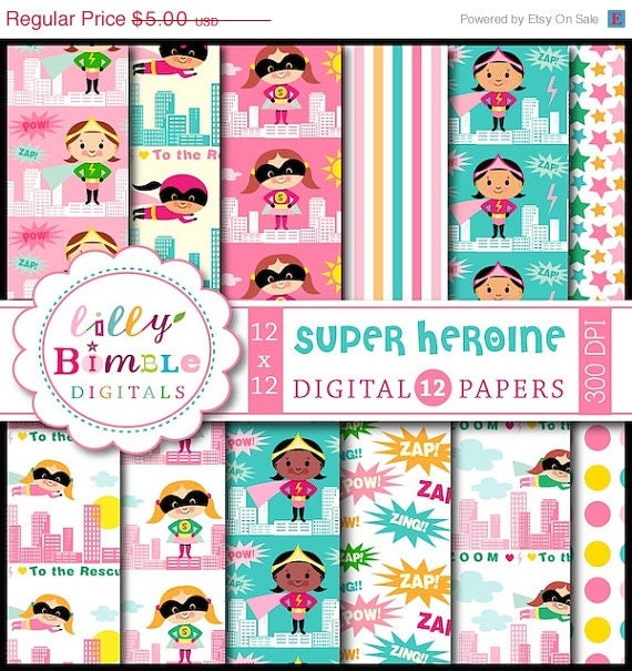 50% off Super Hero Girl Digital Papers for birthdays, invites, scrapbooking Heroine Instant Download Il_570xn