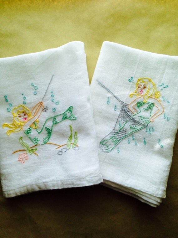 Mermaid Hand Embroidered Dish Towels