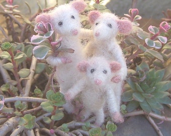 Kettle family of three and a half mice. Bendable naked doll house mouse persons