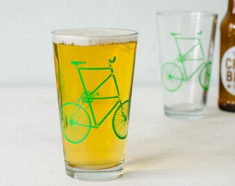 TALL BIKE Pint Glass - bicycle drinking glasses, green bike