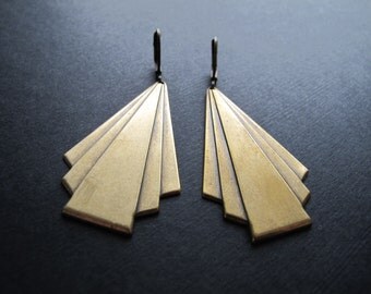 Large Brass Art Deco Earrings, Geometric Dangle Earrings, Oxidized Brass Jewelry