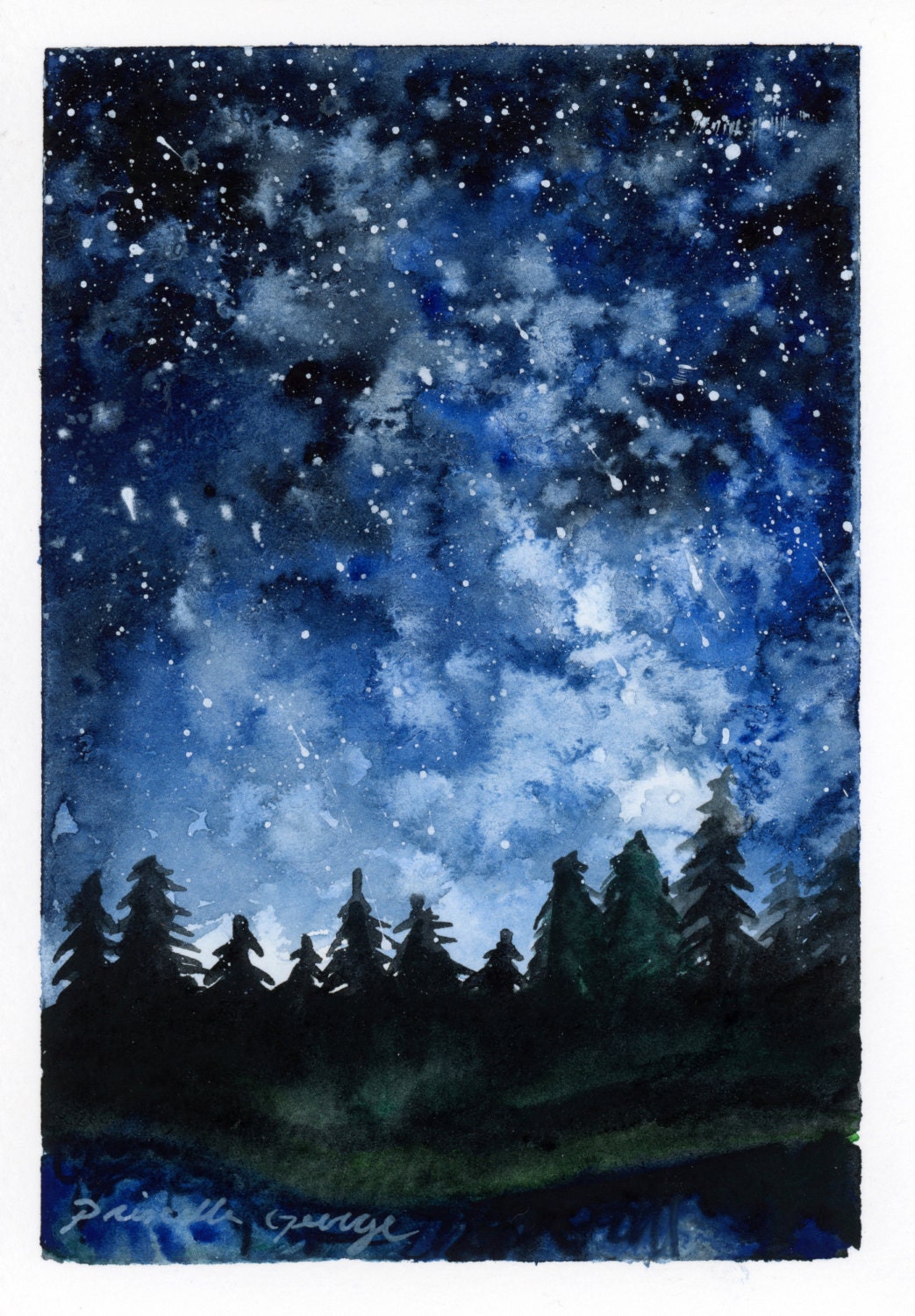 Forest Night watercolor painting PRINT 5x7 8x10 11x14