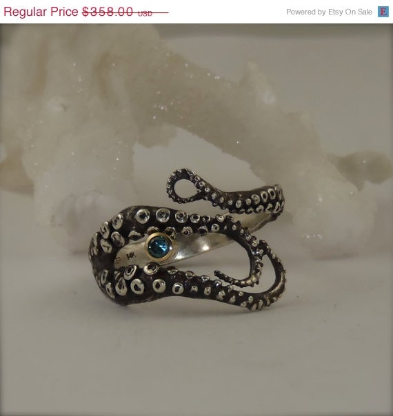 WEEKEND SALE SALE - Blue Diamond Engagement Ring, Wedding Band, Sterling Silver, 14K gold Bezel Octopus Jewelry, Tentacle Jewelry, Men's jew