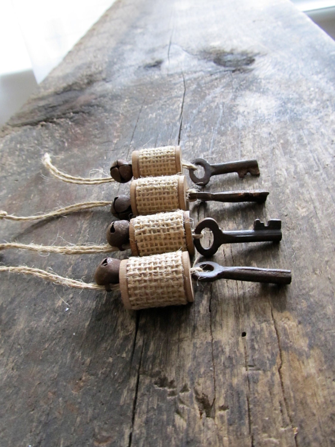 RESERVED Set Of 4 Rustic Wood Spool Ornaments With Rusty   Il Fullxfull.692125375 Odh0 