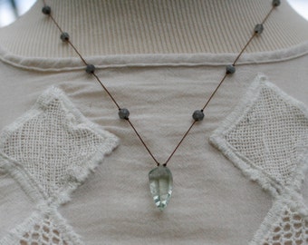 Green Quartz Faceted Teardrop on Silk Cord Necklace