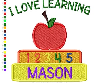 Back to School Applique design... I LOVE LEARNING Add a name for 75 cents