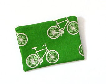 Green Cotton Bicycle Print Zipper Bag / Pouch / Clutch/ Cosmetic Bag