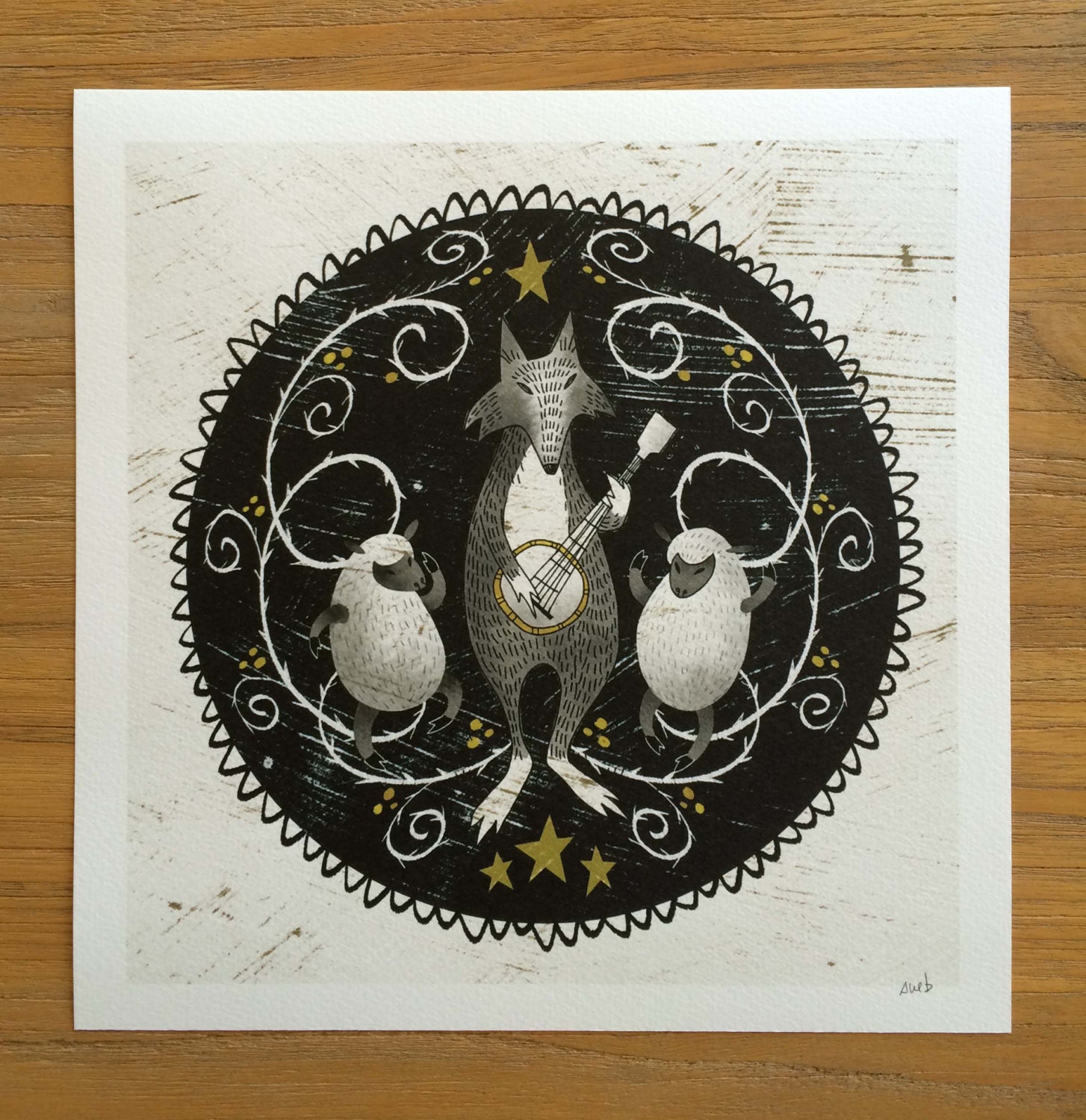 Art Print of Folk Art Wolf Playing a Banjo with Dancing Sheep