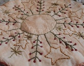 Hand Stitched Primitive Winter Candle Mat, Pine Berry Star