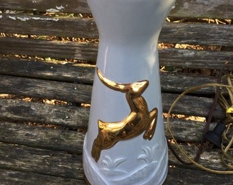 Vintage 1950's Era Grayish Blue Lamp with Gold Gazelle
