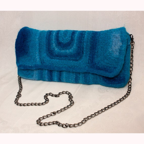 Felted Wool Clutch in Blue with Chain Handle Large Size