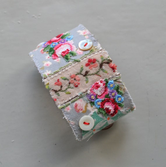 CUFF Bracelet. Textile hand stitched. Vintage appliquéd