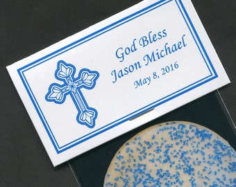 Boys Baptism Favors - Boys Christening Favors - Boys First Holy Communion Favors - Communion Labels - Personalized - Blue - Cross - 20