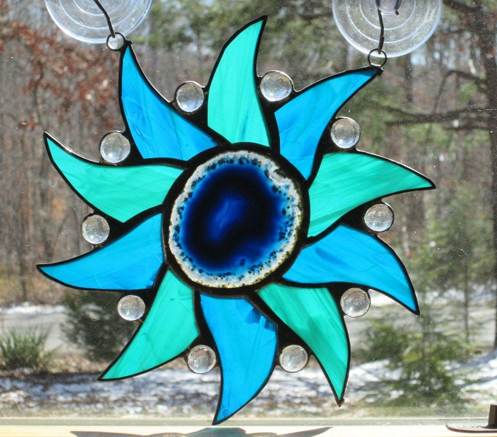 Stained Glass Suncatcher Pinwheel With Agate Aqua Blue And