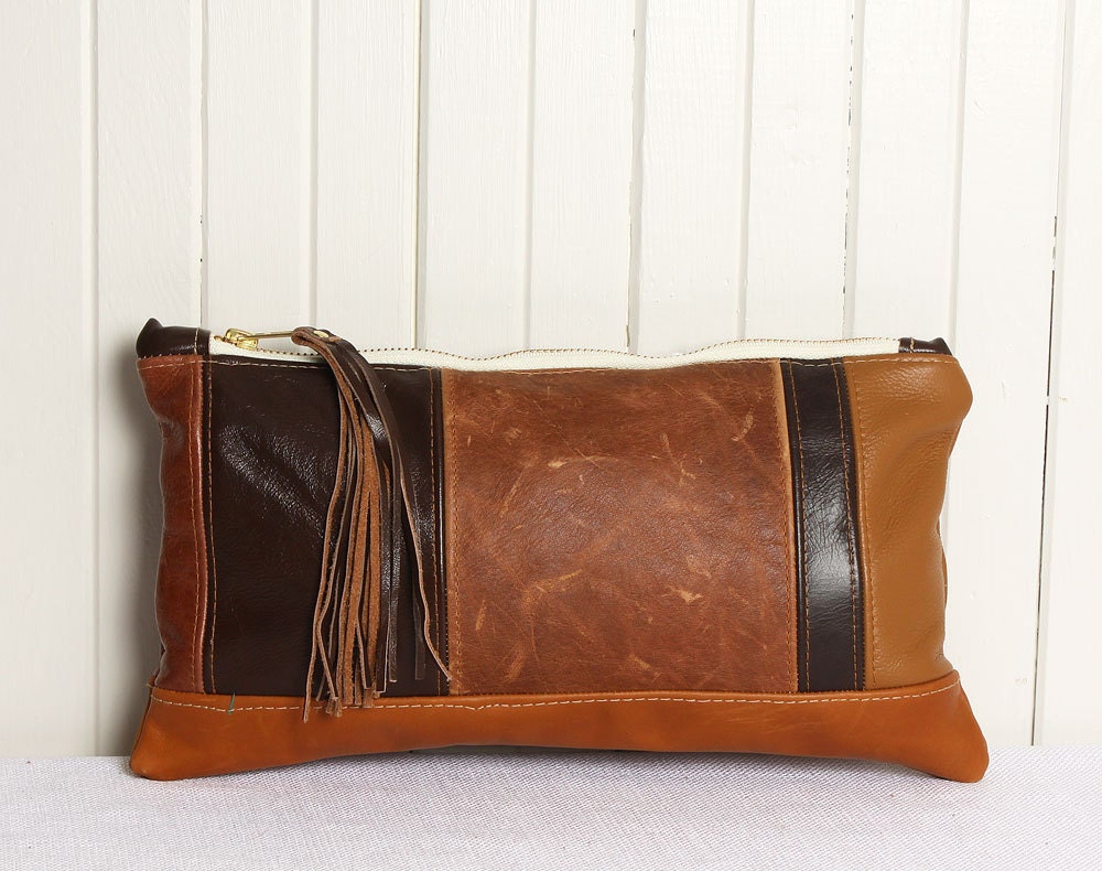 Brown Leather Clutch Bag Purse with Leather Fringe Handbag