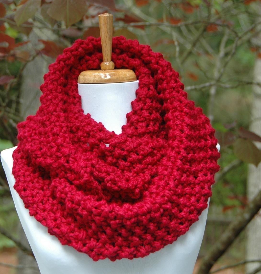 Cranberry Red Knit Scarf Chunky Scarf Hand Knit Infinity