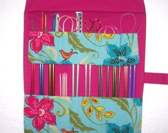Knitting Needle Storage Organizer, Turquoise Floral Crochet Hook Case, DPN Double Pointed Needle Holder, Artist Brushes Roll