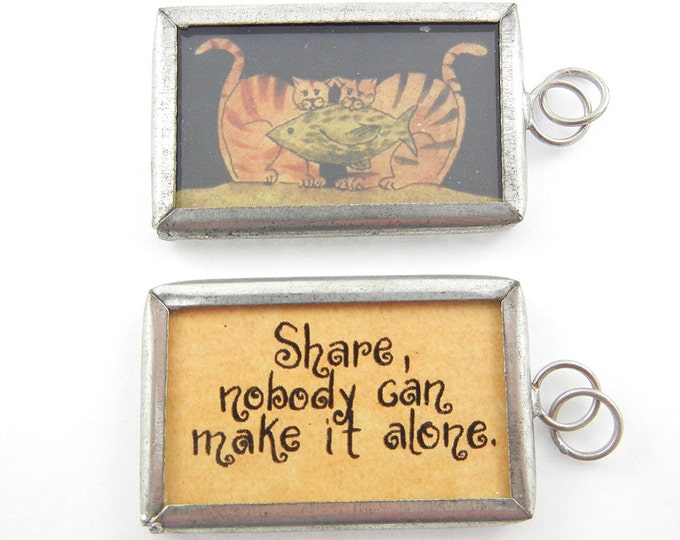 One Two-sided Pendant with Cats with Fish Illustration and Message