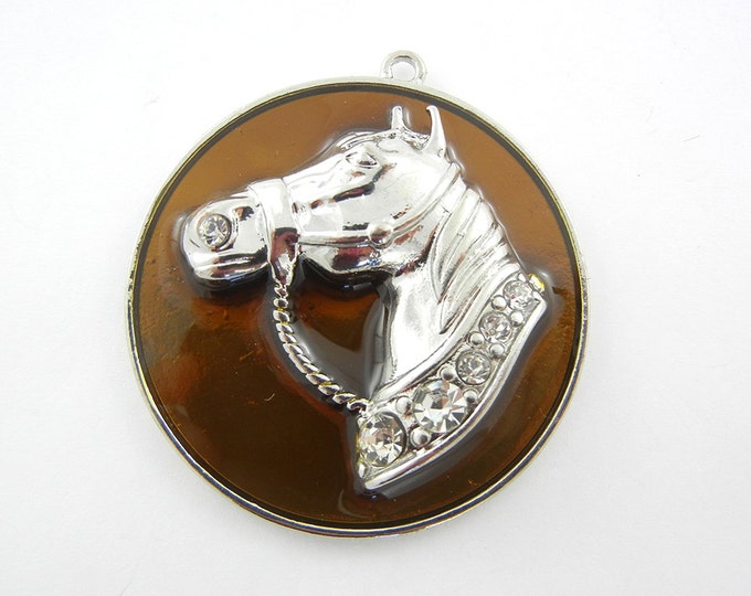 Round Silver-tone Horse Pendant with Brown Epoxy and Rhinestones