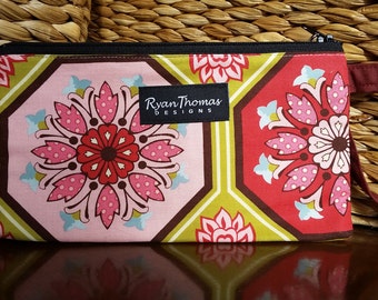 Pink Flower Blue Brown Fabric Wristlet Zipper Pouch Clutch