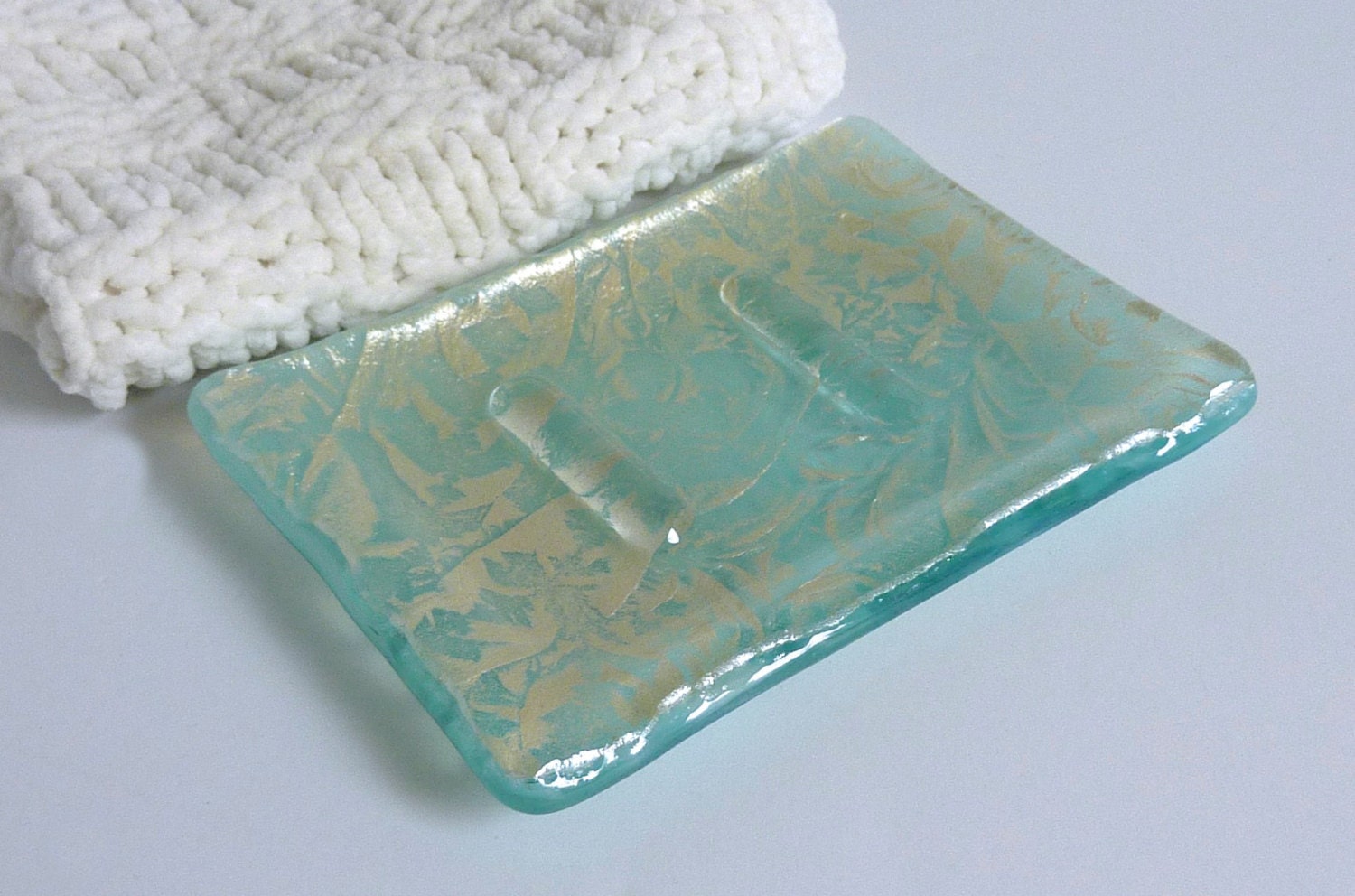 Aqua and Silver Glass Soap Dish