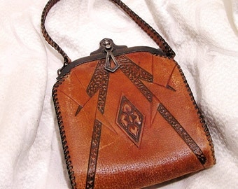 Antique Vintage Art Nouveau Purse Tooled Leather Arts and Crafts 1920s Volland Leathercraft Needs TLC