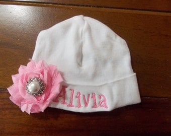 Personalized Newborn Baby Hat for Baby Girl with Flower