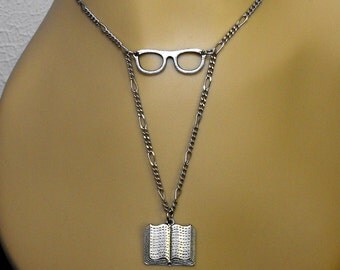 Glasses Book Necklace Reader Bookish Literary Themed Bibliophile Jewelry
