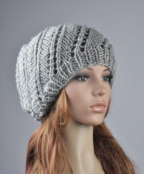 Hand Knit Hat Oversized Beret Hat in Grey ready to ship