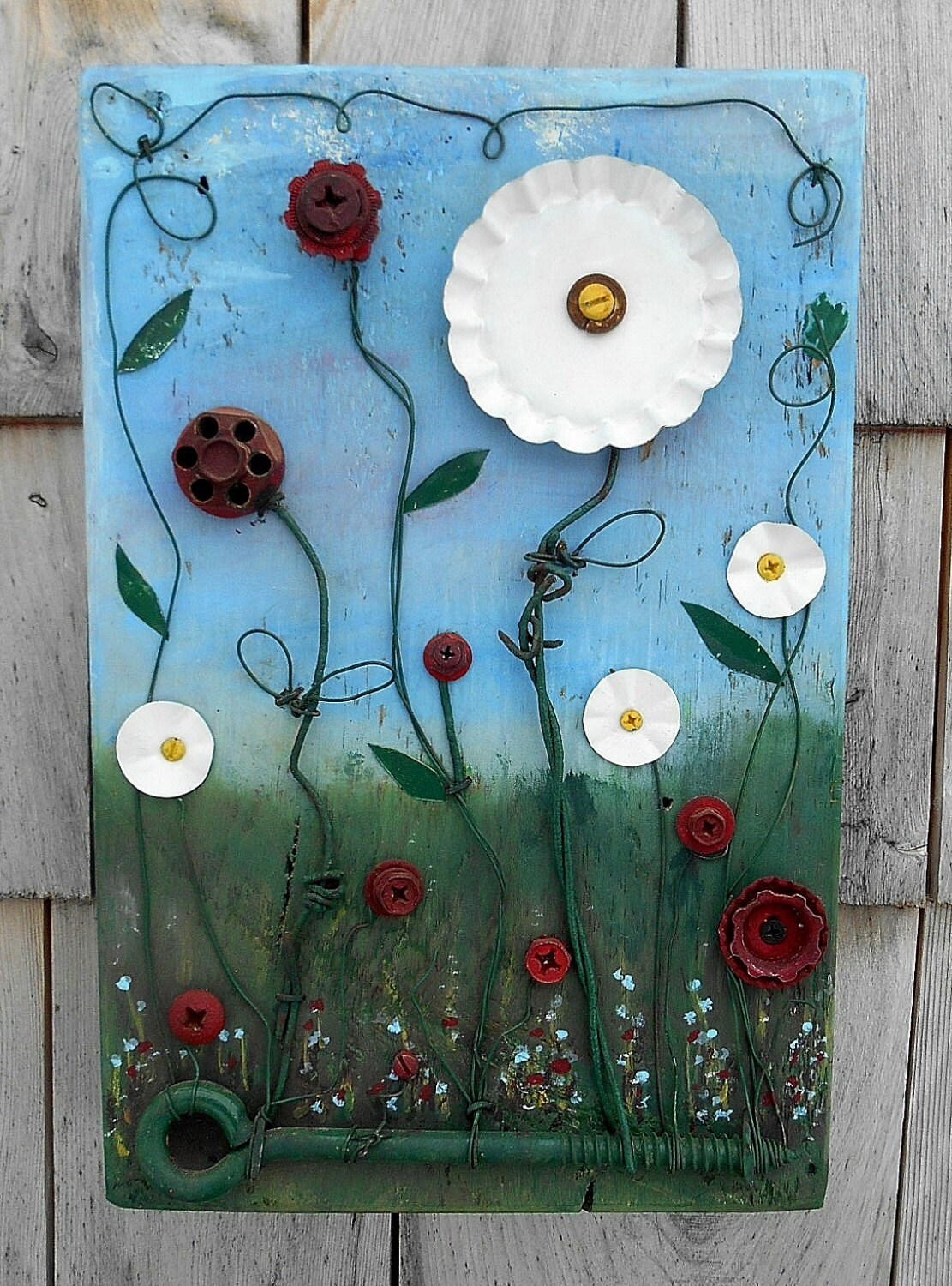 Spring Flowers Salvage art Assemblage Found Objects painting
