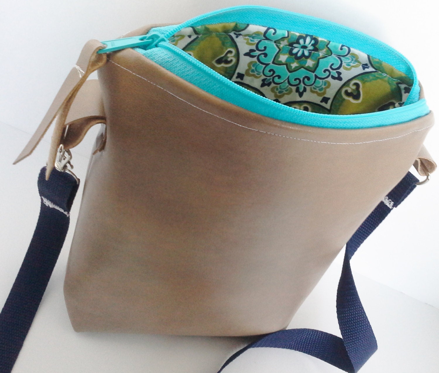 Beautiful Tan Leather Messenger Bag with Blue Zipper by MMsquared