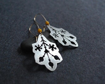 Pere Lachaise Pomegranate Earring in brushed oxidized silver on gold filled hooks with Czech crystal accent