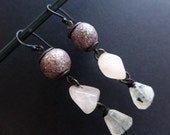 Aureate. Textured lavender polymer earrings with agate and moonstone.