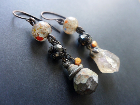 Abessive. Rustic assemblage asymmetrical earrings in grays and orange.