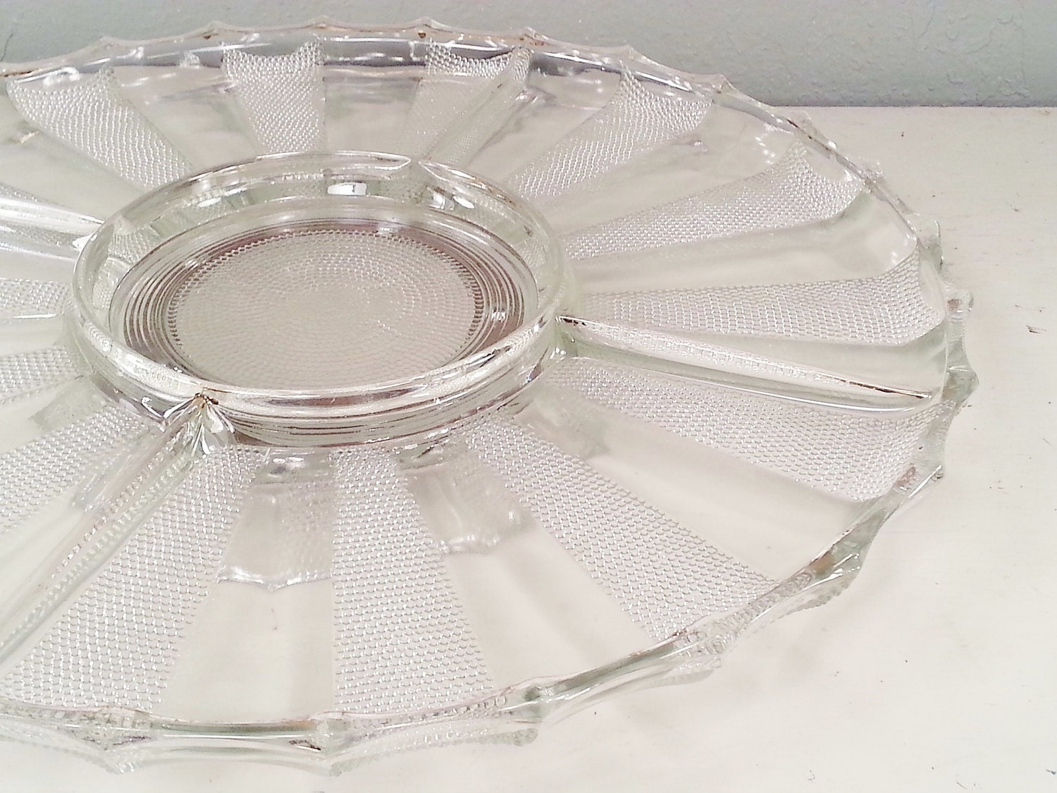 Unique Vintage Lazy Susan Clear Glass Condiment Tray Bubble Texture