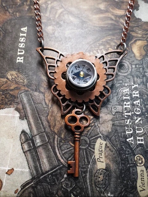 Steampunk Copper Butterfly Compass and Key Pendant