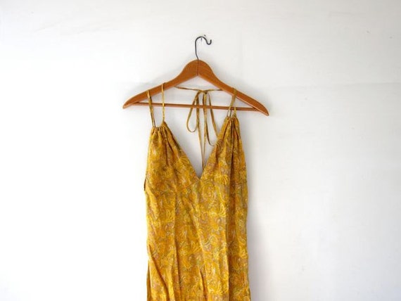 Vintage silk maxi dress. long silk dress. yellow paisley